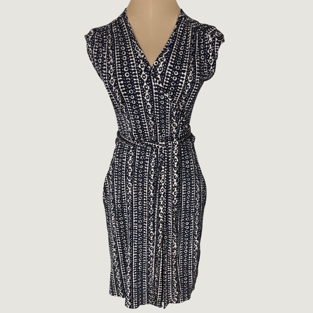 3387 | Tory Burch Ivette Silk Wrap Dress Navy Cream Geometric Womens XS